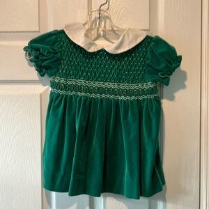 Green Velvet baby smocked dress  with White Collar 3-6 months